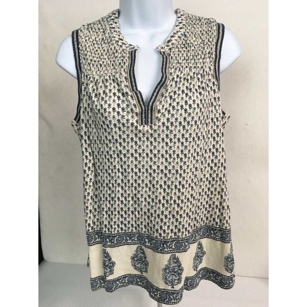 Lucky Brand Top Women Size SP Sleeveles Cream Black Blue Floral Embroided V neck